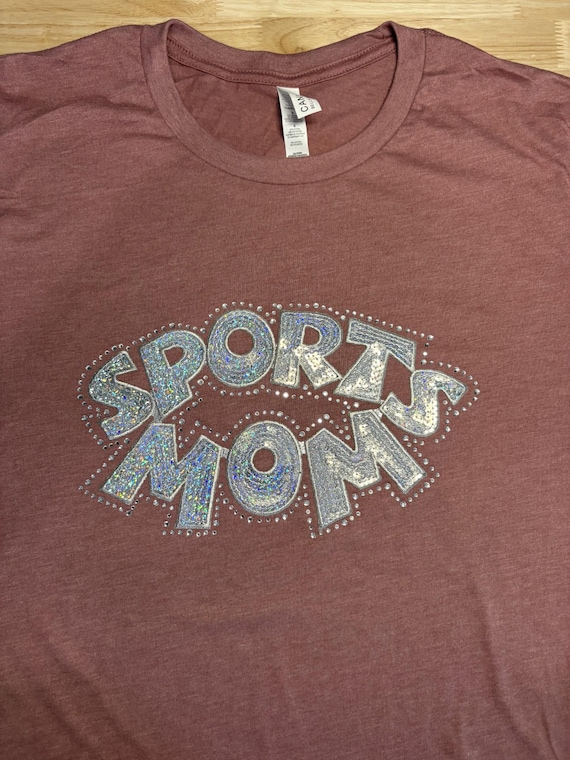 Rhinestones & Sequins Sports Mom: Large Bella Canvas heathered mauve pink