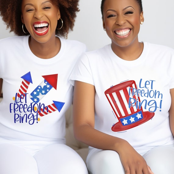 Let freedom ring in red, white, and blue stars and stripes rainbow t-shirts.