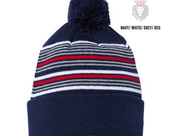 Navy & red striped pom-pom sports knit beanie hat.