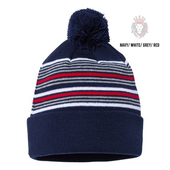 Navy & red striped pom-pom sports knit beanie hat.