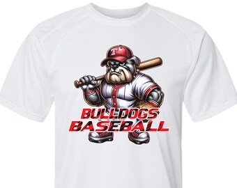 Bulldogs baseball spirit wear on youth short sleeve & long sleeve performance t-shirts.