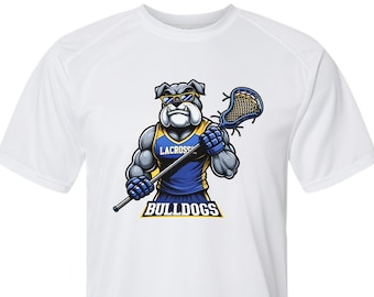 Bulldogs lacrosse spirit wear on youth short sleeve and long sleeve t-shirts.