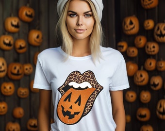Leopard print lips with a pumpkin tongue t-shirts.