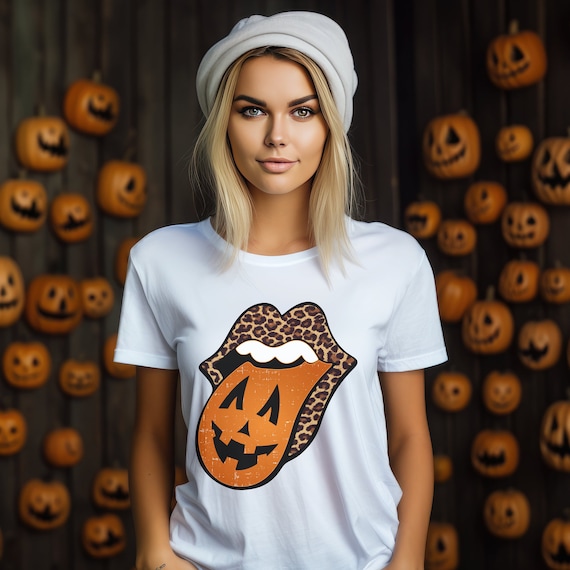 Leopard print lips with a pumpkin tongue t-shirts.