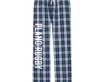 Adult Plano Rugby lounge pants for teens, men, & women in block or cursive lettering.
