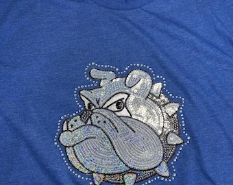 Rhinestones & Sequins Bulldogs spirit wear: Medium Next Level heathered royal blue t-shirt