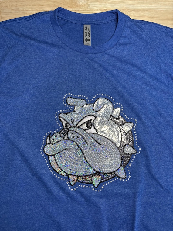 Rhinestones & Sequins Bulldogs spirit wear: Medium Next Level heathered royal blue t-shirt