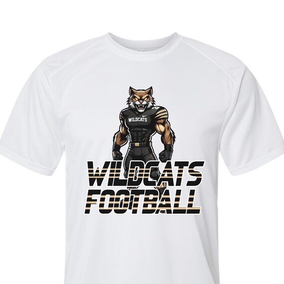 Wildcats football on youth performance short sleeve and long sleeve t-shirts.