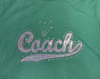 Rhinestones & Sequins Coach: Large Bella Canvas heathered green shirt