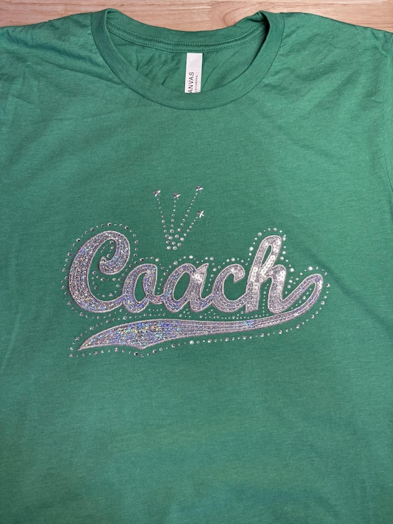 Rhinestones & Sequins Coach: Large Bella Canvas heathered green shirt