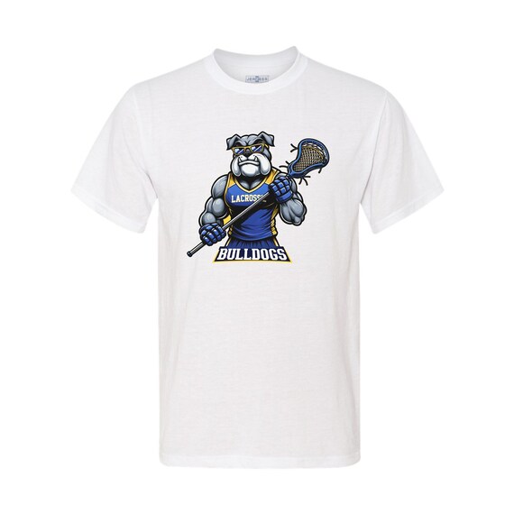 Bulldogs lacrosse spirit wear on adult unisex short sleeve t-shirts.
