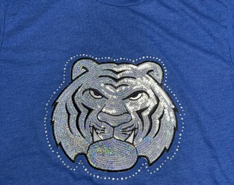 Rhinestones & Sequins Tigers spirit wear: Medium Next Level heathered royal blue t-shirt