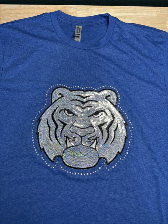 Rhinestones & Sequins Tigers spirit wear: Medium Next Level heathered royal blue t-shirt