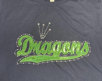 Rhinestones & Sequins Dragons spirit wear: Large Bella Canvas navy t-shirt