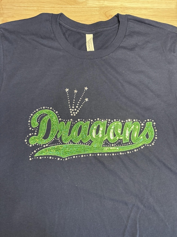 Rhinestones & Sequins Dragons spirit wear: Large Bella Canvas navy t-shirt