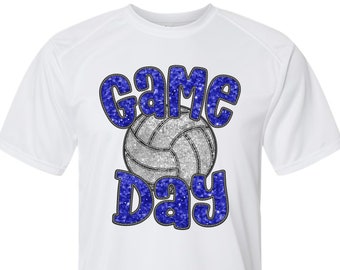 Volleyball Game Day faux sequins spirit wear on youth performance short sleeve and long sleeve t-shirts.