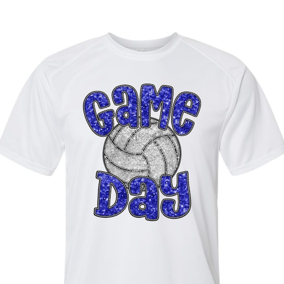 Volleyball Game Day faux sequins spirit wear on youth performance short sleeve and long sleeve t-shirts.