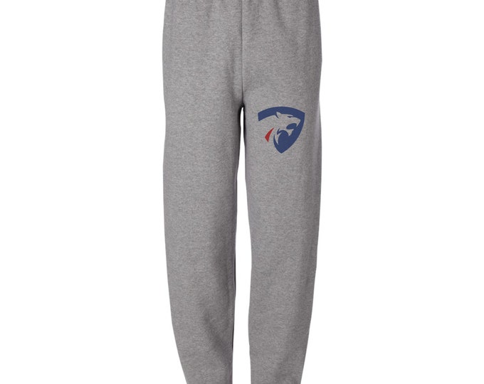Featured listing image: Adult Vintage style Plano Rugby Football Club Pumas oxford gray sweatpants with logo on leg.