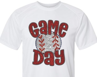 Baseball Game Day spirit wear faux embroidery sequins on youth short sleeve & long sleeve t-shirts.