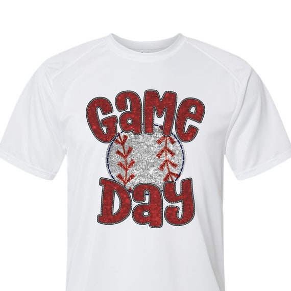 Baseball Game Day spirit wear faux embroidery sequins on youth short sleeve & long sleeve t-shirts.