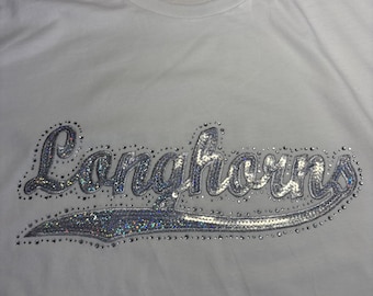 Rhinestones & Sequins Longhorns spirit wear: 3XL Next Level white t-shirt