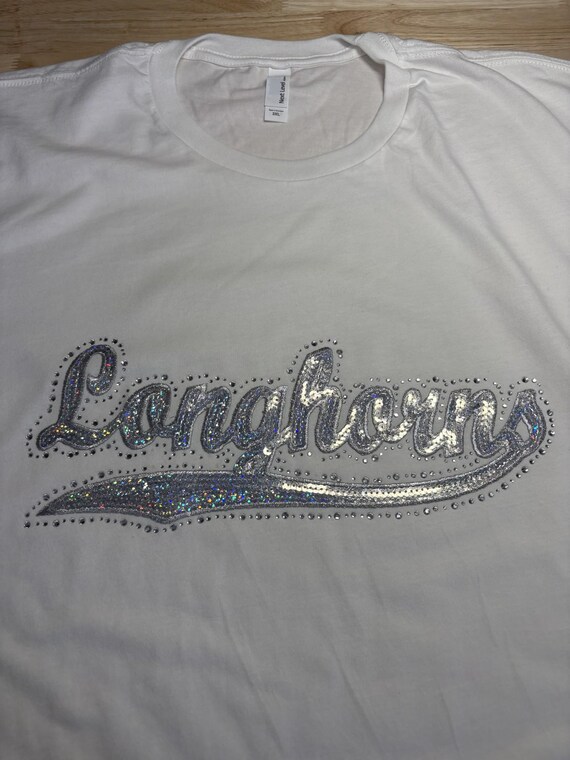 Rhinestones & Sequins Longhorns spirit wear: 3XL Next Level white t-shirt