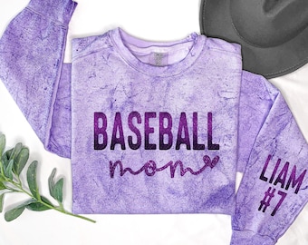 Baseball mom with heart spirit wear with player's name & number on Comfort Colors sweatshirts.