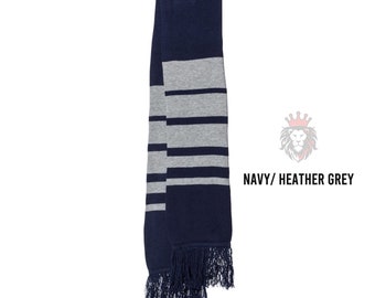 Navy & gray striped sports scarf with fringe.