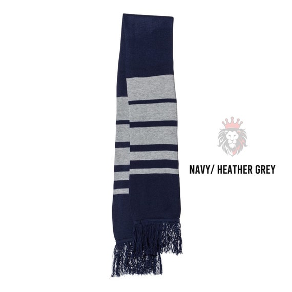 Navy & gray striped sports scarf with fringe.