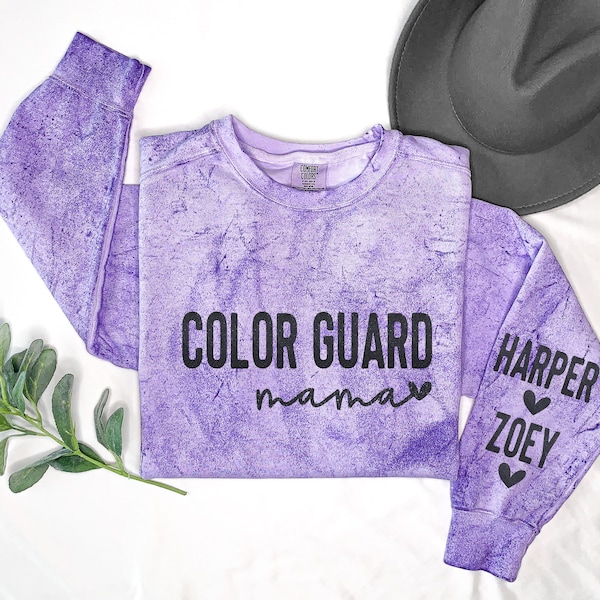 Color Guard mom with heart spirit wear with player's name & number on Comfort Colors sweatshirts.