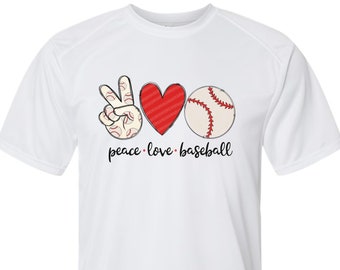 Kids Peace, Love, Baseball UPF t-shirts and long sleeve t-shirts. T-ball spirit wear. Baseball spirit wear.