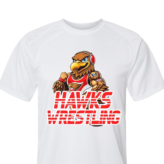 Hawks wrestling spirit wear on youth short sleeve & long sleeve performance t-shirts.