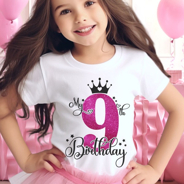 Custom glittered girl's 9th Birthday Day shirts| kids birthday shirts