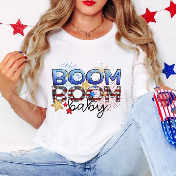 Boom Boom baby red, white, blue fireworks USA t-shirts.