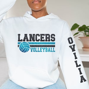 Personalized Volleyball long sleeve tees, sweatshirts & hoodies with mascot or team name and a name on sleeve