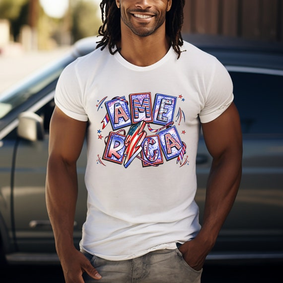 America with flag lightning bolt red, white, blue USA t-shirts.