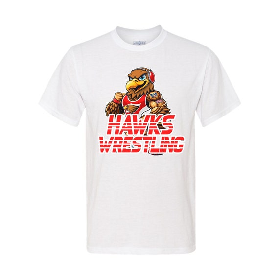 Hawks mascot wrestling spirit wear on adult unisex short sleeve t-shirts.