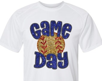 Softball Game Day faux sequins spirit wear on youth performance short sleeve and long sleeve t-shirts.