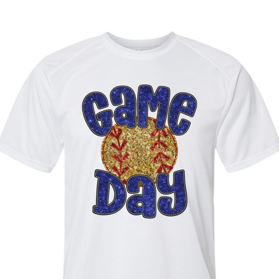 Softball Game Day faux sequins spirit wear on youth performance short sleeve and long sleeve t-shirts.