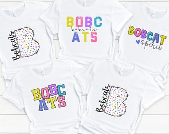 Bobcats spirit wear t-shirts with custom name on the back.