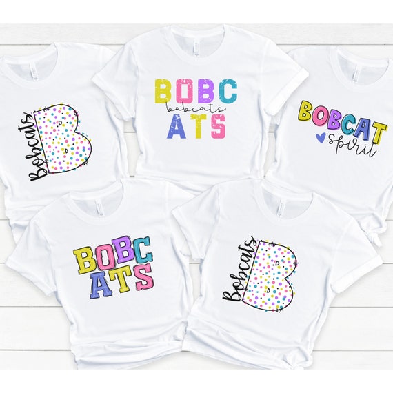 Bobcats spirit wear t-shirts with custom name on the back.