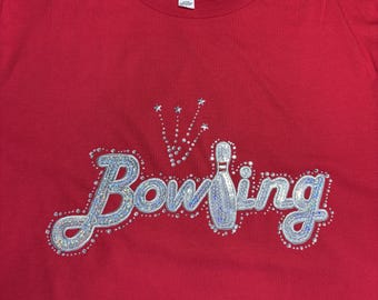 Rhinestones & Sequins Bowling: Large Bella Canvas red t-shirt