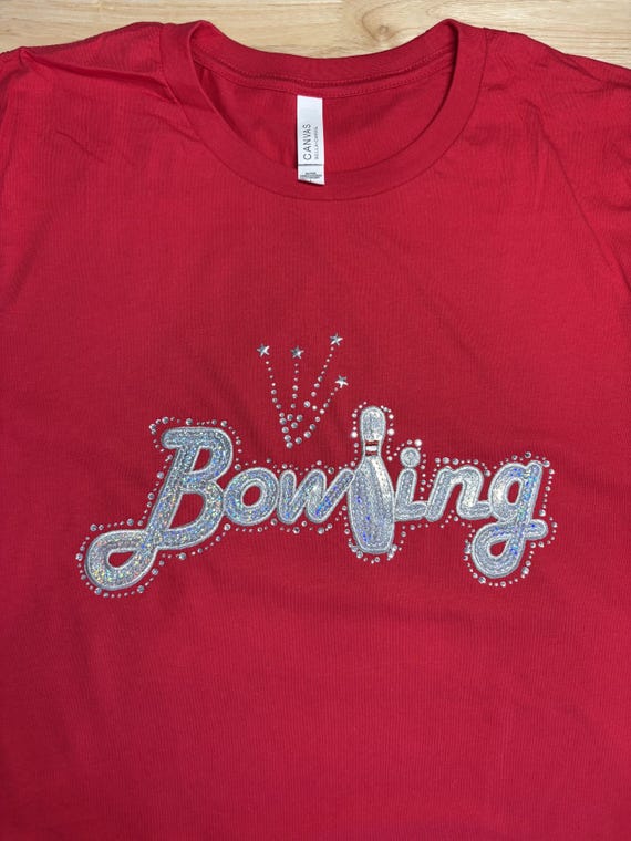 Rhinestones & Sequins Bowling: Large Bella Canvas red t-shirt