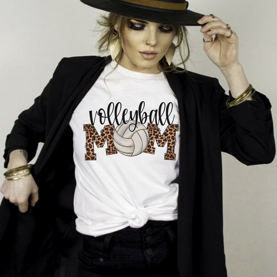 Volleyball Mom leopard print spirit wear short sleeve t-shirts.