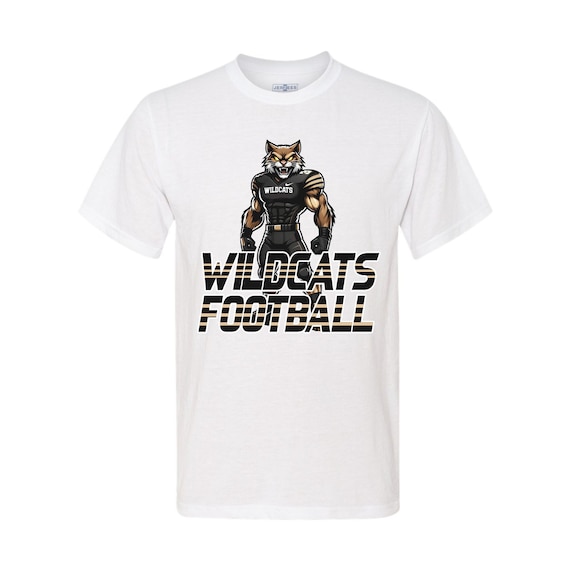 Wildcat football spirit wear on adult unisex short sleeve t-shirts.