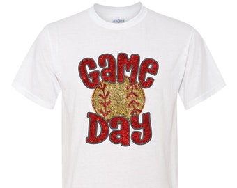 Softball Game Day spirit wear faux embroidery sequins on adult unisex short sleeve t-shirts.