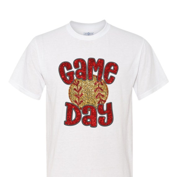 Softball Game Day spirit wear faux embroidery sequins on adult unisex short sleeve t-shirts.