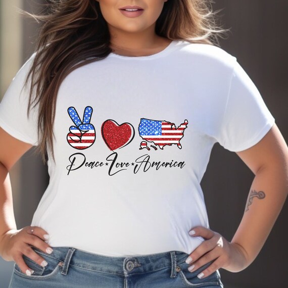 Peace, love, America red, white, blue USA t-shirts.