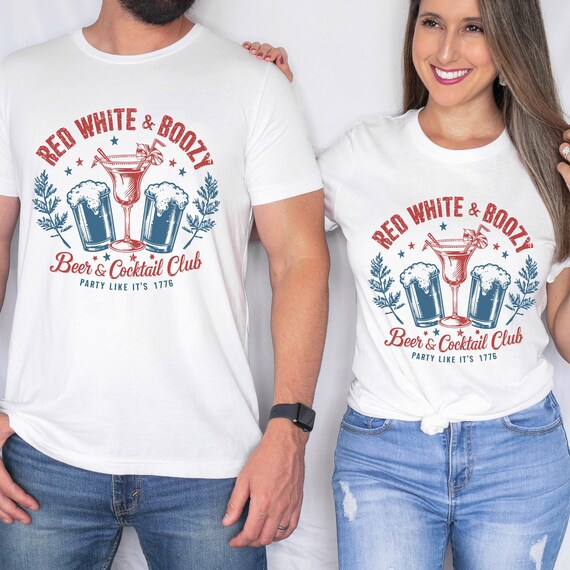 Red, white, and boozy Beer & Cocktail Social Club Party like it's 1776 patriotic t-shirts.