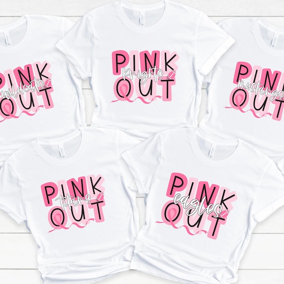 School mascot football pink out breast cancer ribbon t-shirts.